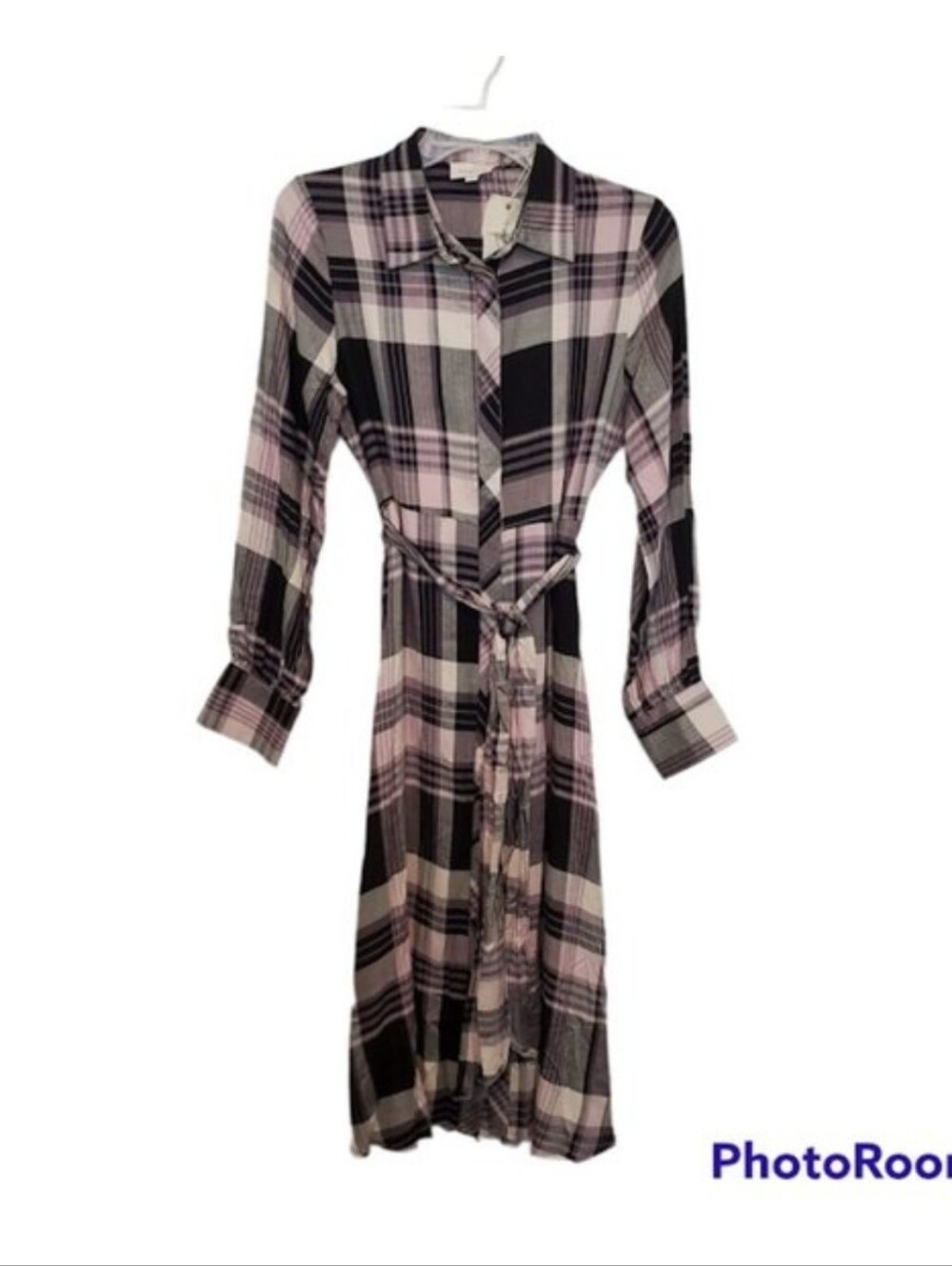Orange Creek LA Pink Black Plaid Belted Shirt Dress Sz S Rayon Flannel Long